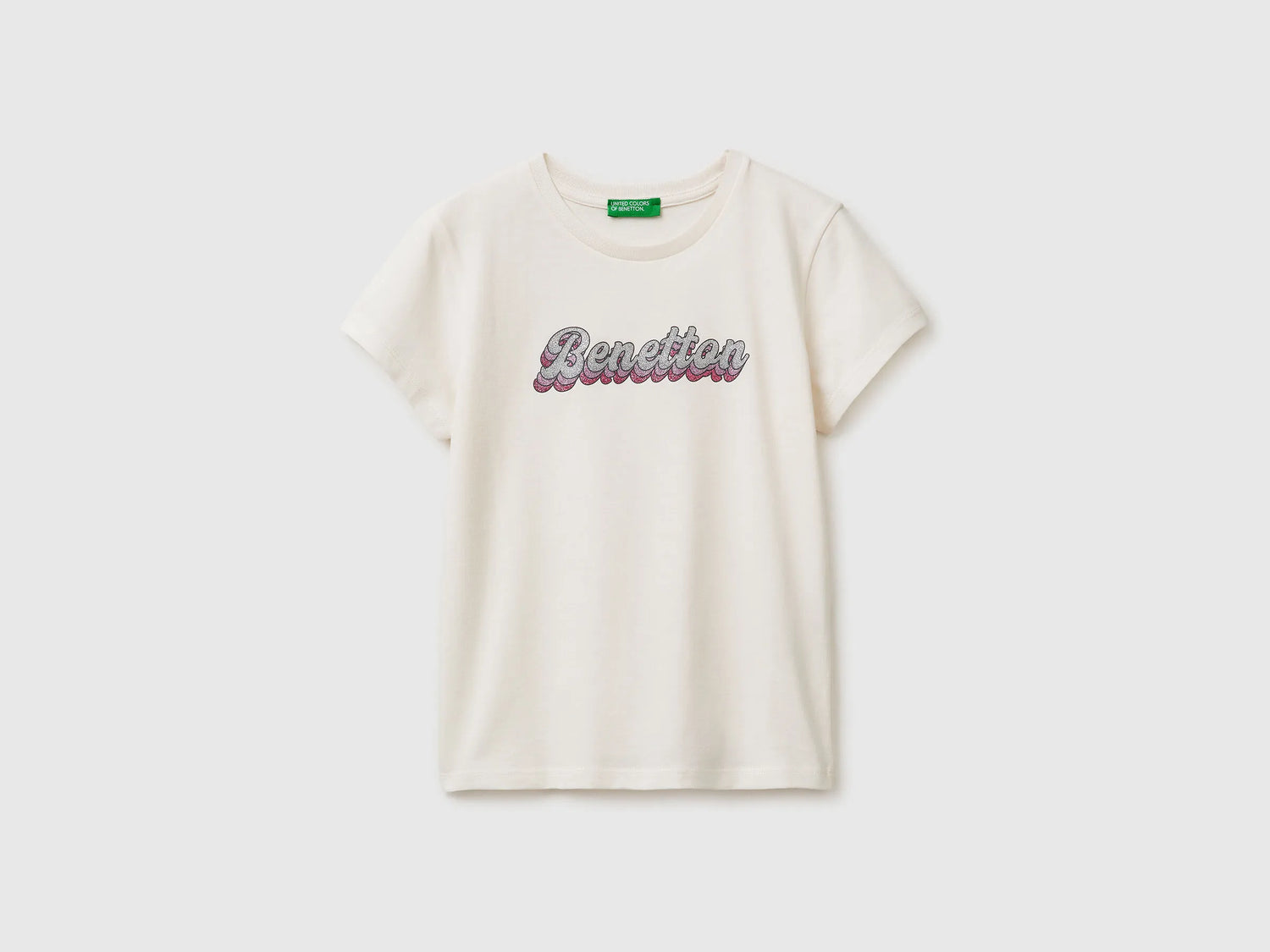 Benetton Creamy White Girls T-Shirt with Glitter Print SKU: 3I1XC10S6_00E Image 01