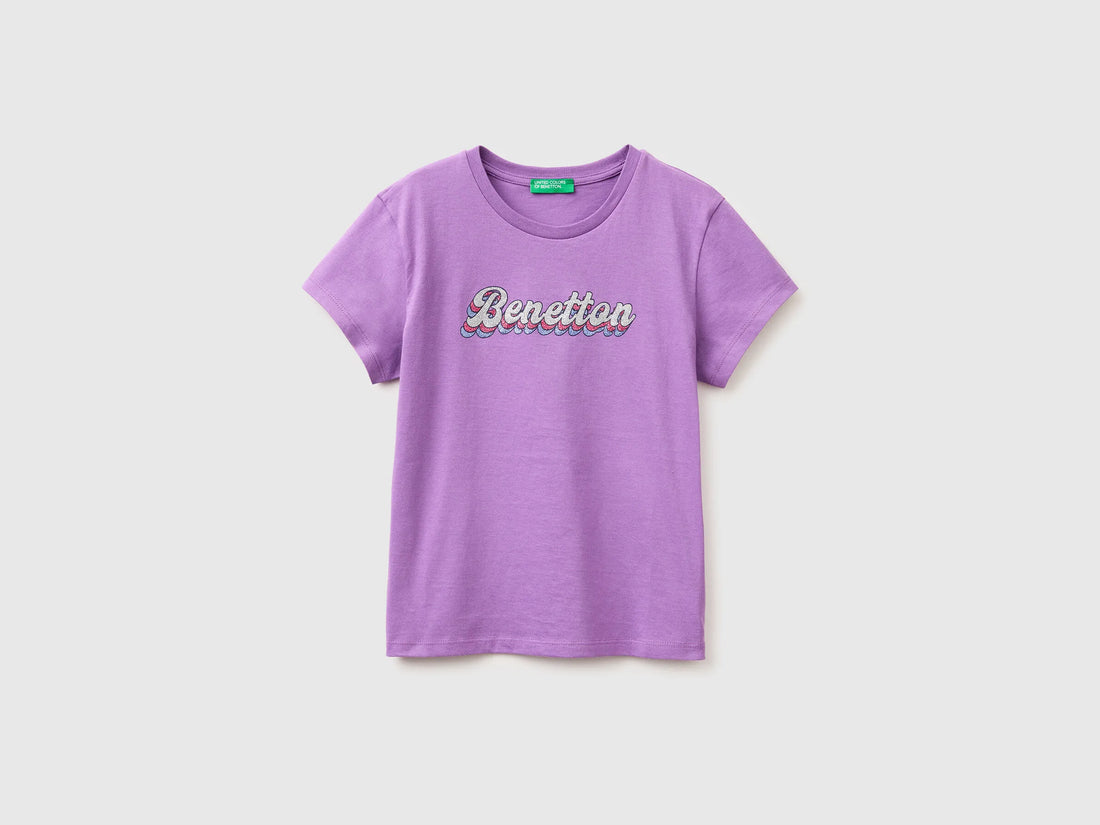 Benetton Violet Girls T-Shirt with Glitter Print SKU: 3I1XC10S6_03L Image 01