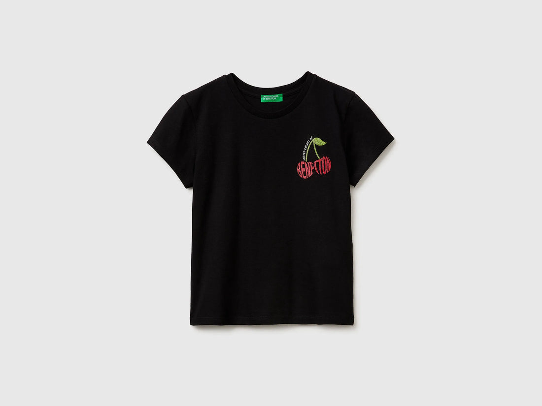 Benetton Black Girls T-Shirt with Glitter Print SKU: 3I1XC10S6_100 Image 01