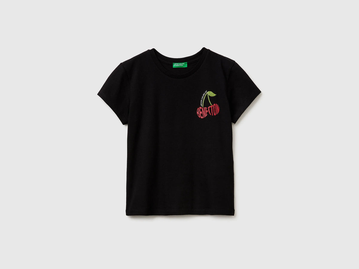 Benetton Black Girls T-Shirt with Glitter Print SKU: 3I1XC10S6_100 Image 01