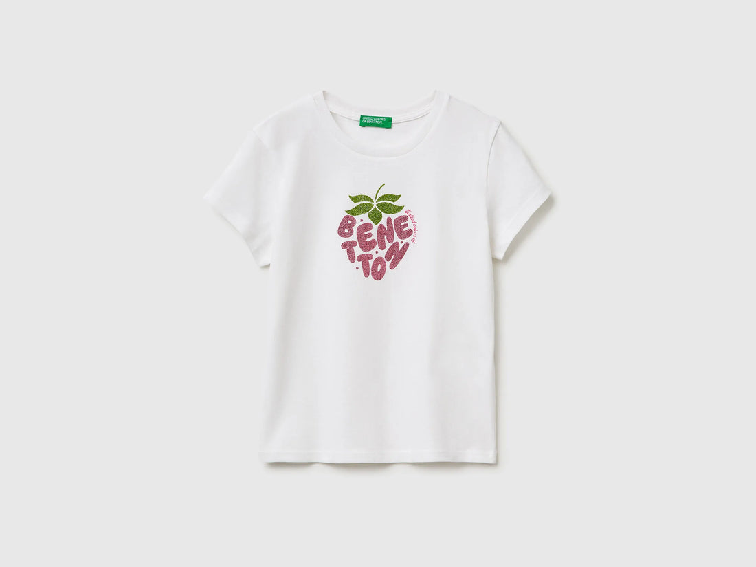 Benetton White Girls T-Shirt with Glitter Print SKU: 3I1XC10S6_101 Image 01