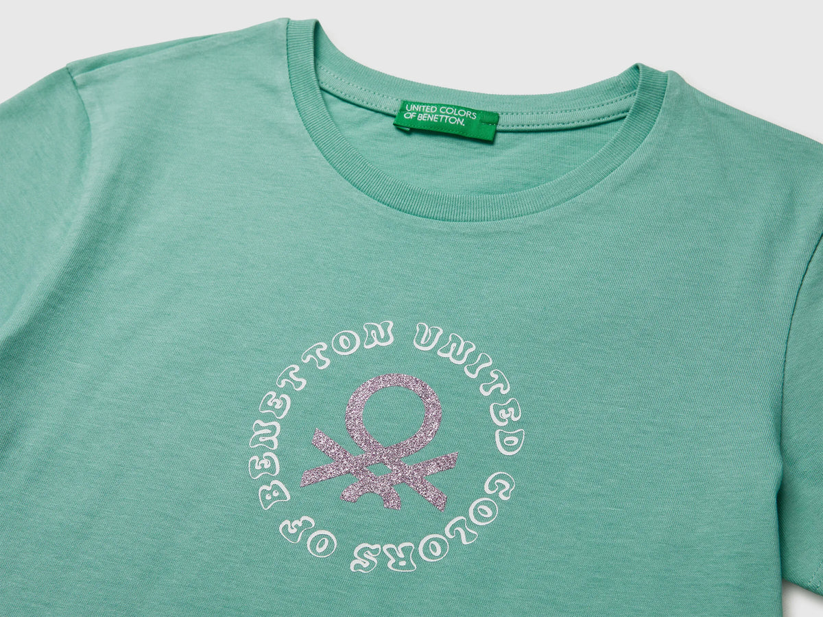Benetton Aqua Girls T-Shirt with Glitter Print SKU: 3I1XC10S6_13D Image 03