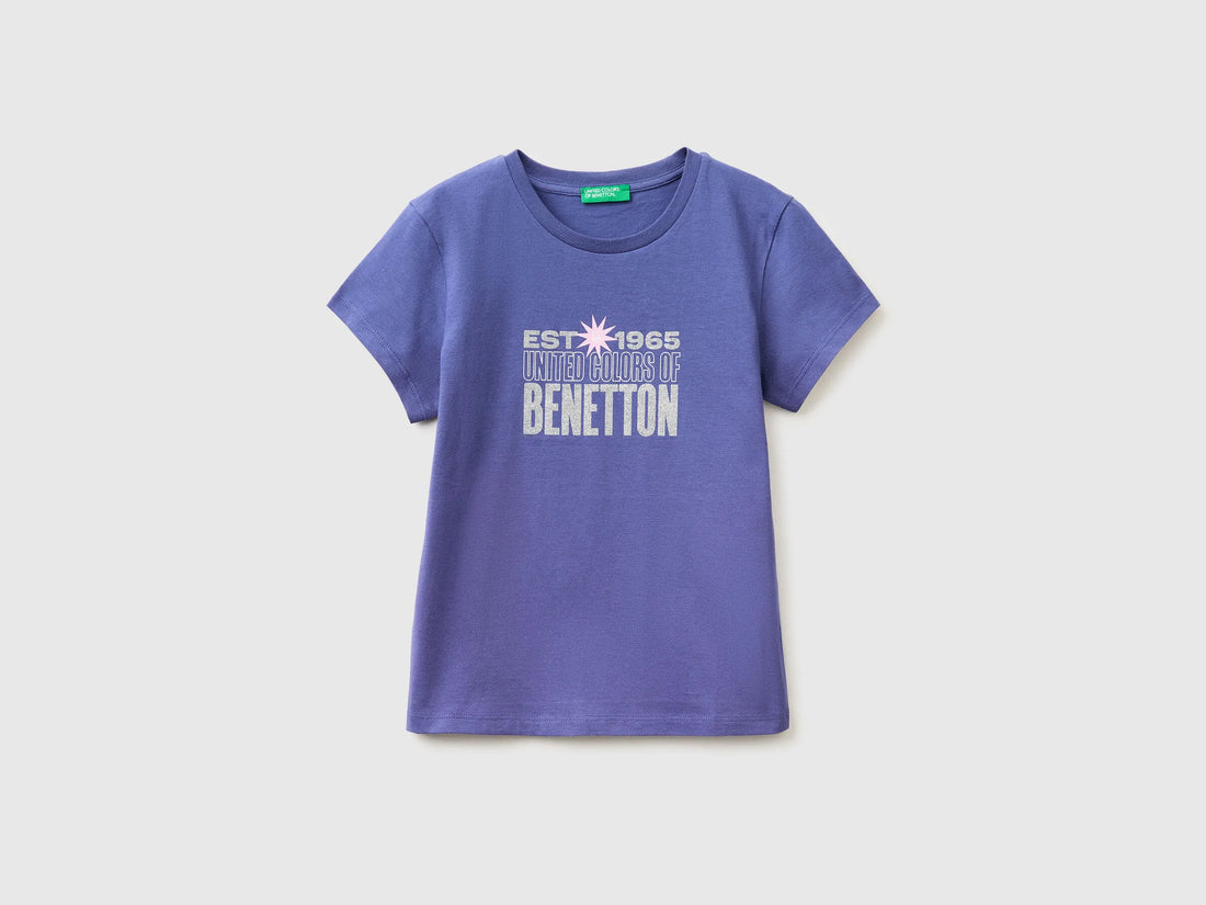 Benetton Violet Girls T-Shirt with Glitter Print SKU: 3I1XC10S6_2D8 Image 01