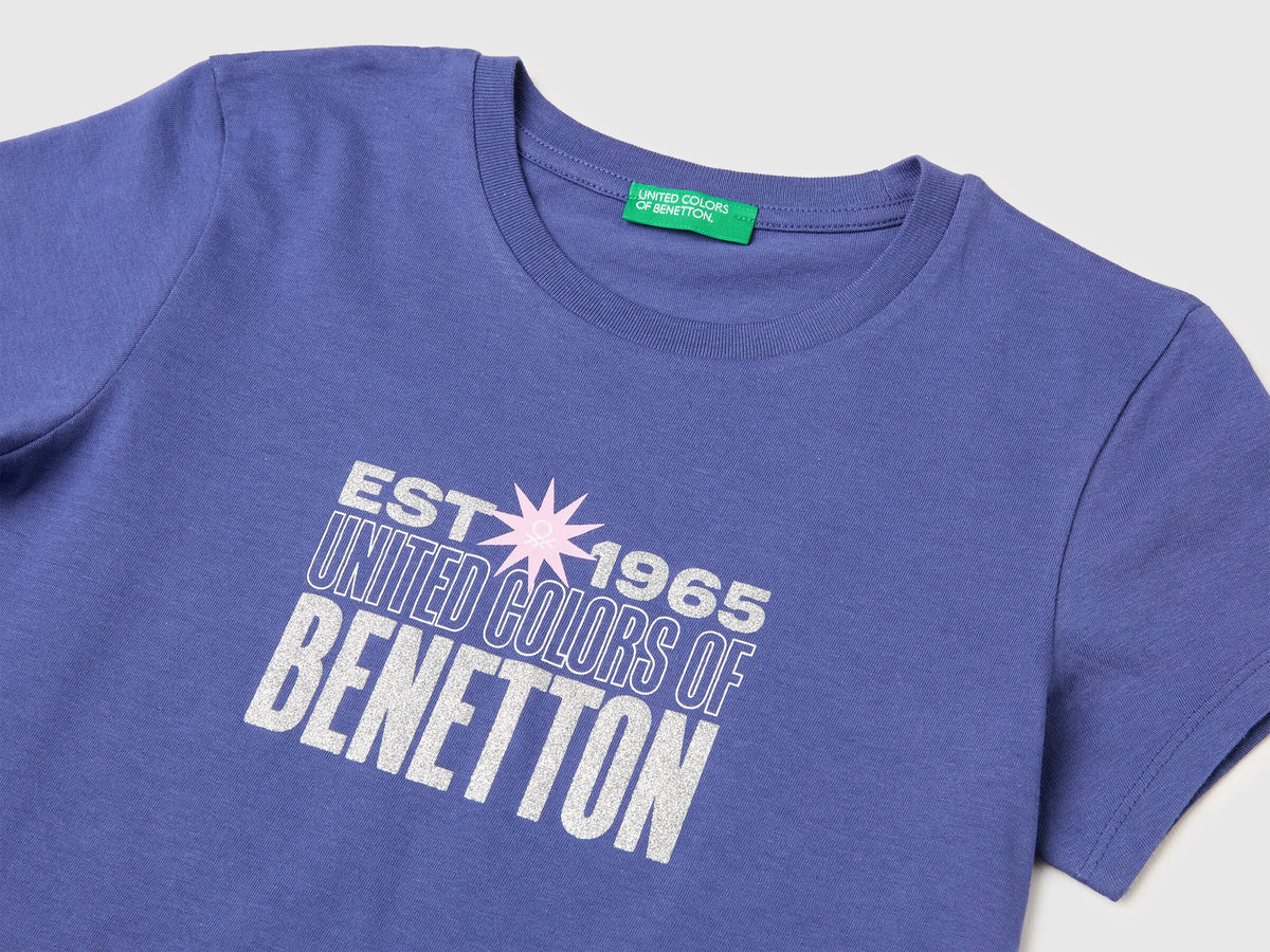 Benetton Violet Girls T-Shirt with Glitter Print SKU: 3I1XC10S6_2D8 Image 03