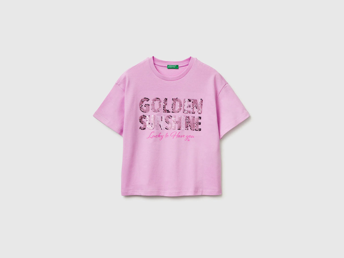 Benetton Lilac Girls T-Shirt with Print and Sequins SKU: 3I1XC10SF_00L Image 01