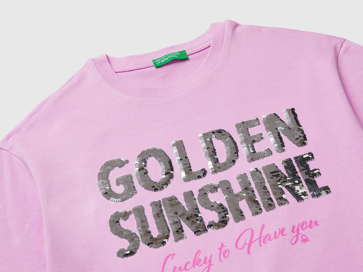 Benetton Lilac Girls T-Shirt with Print and Sequins SKU: 3I1XC10SF_00L Image 03