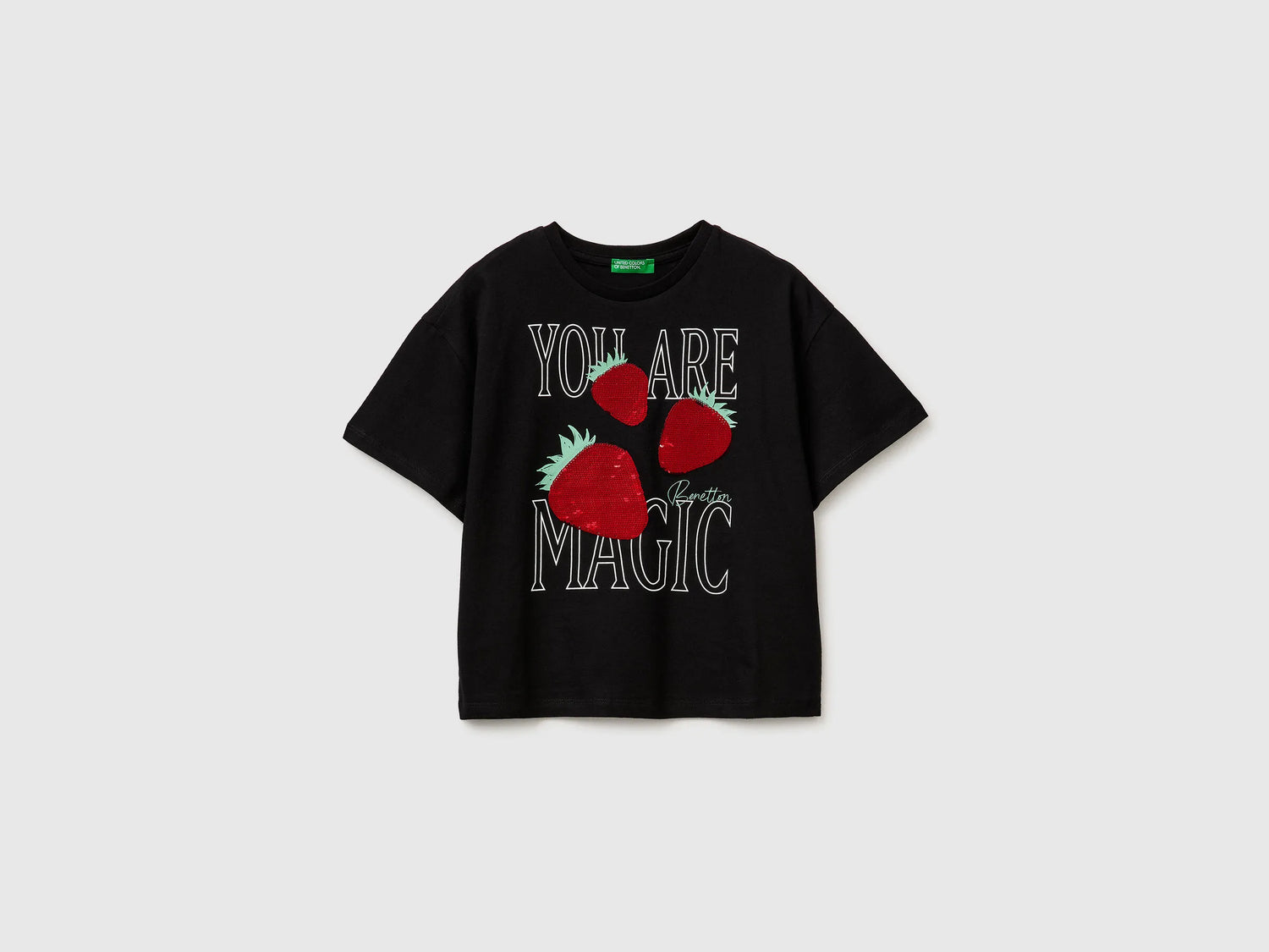 Benetton Black Girls T-Shirt with Print and Sequins SKU: 3I1XC10SF_100 Image 01