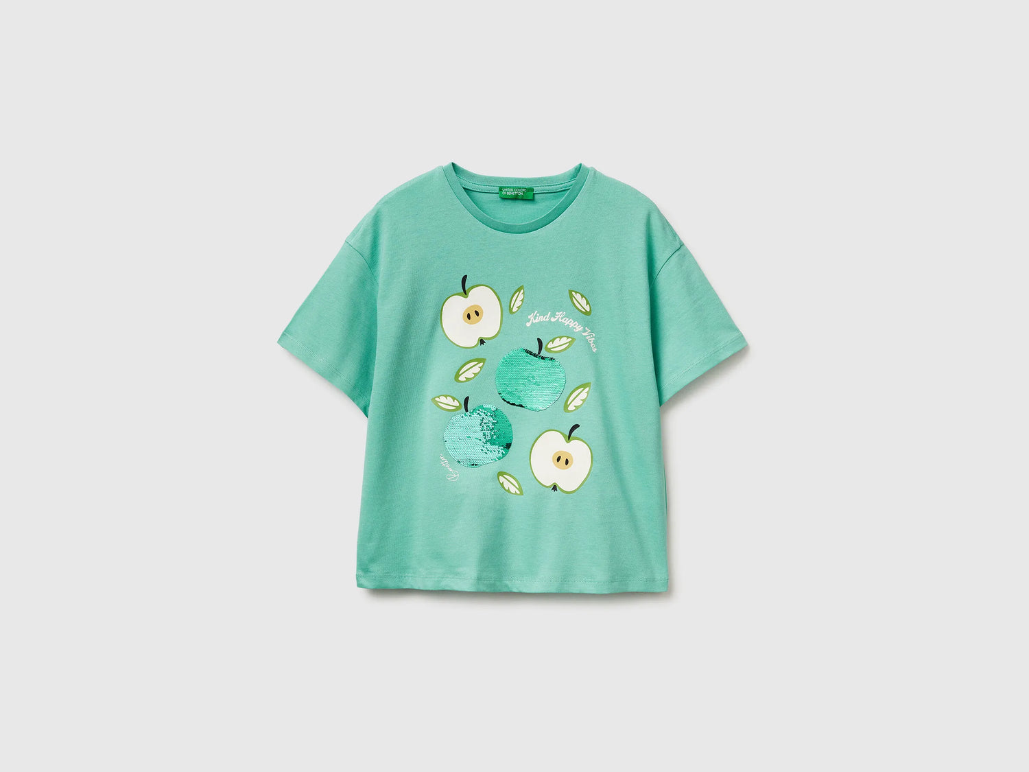 Benetton Aqua Girls T-Shirt with Print and Sequins SKU: 3I1XC10SF_13D Image 01