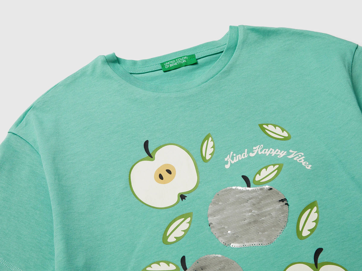 Benetton Aqua Girls T-Shirt with Print and Sequins SKU: 3I1XC10SF_13D Image 03