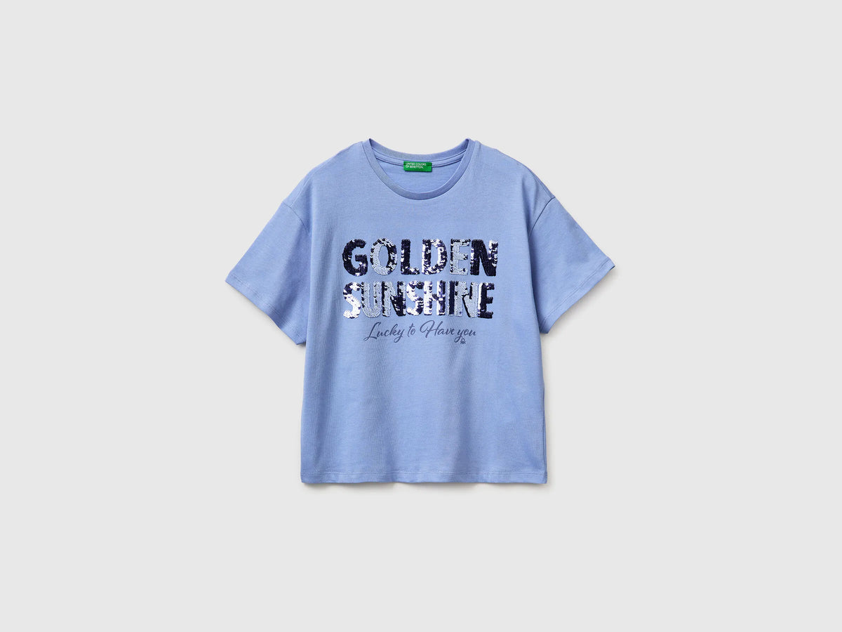 Benetton Light Blue Girls T-Shirt with Print and Sequins SKU: 3I1XC10SF_13E Image 01