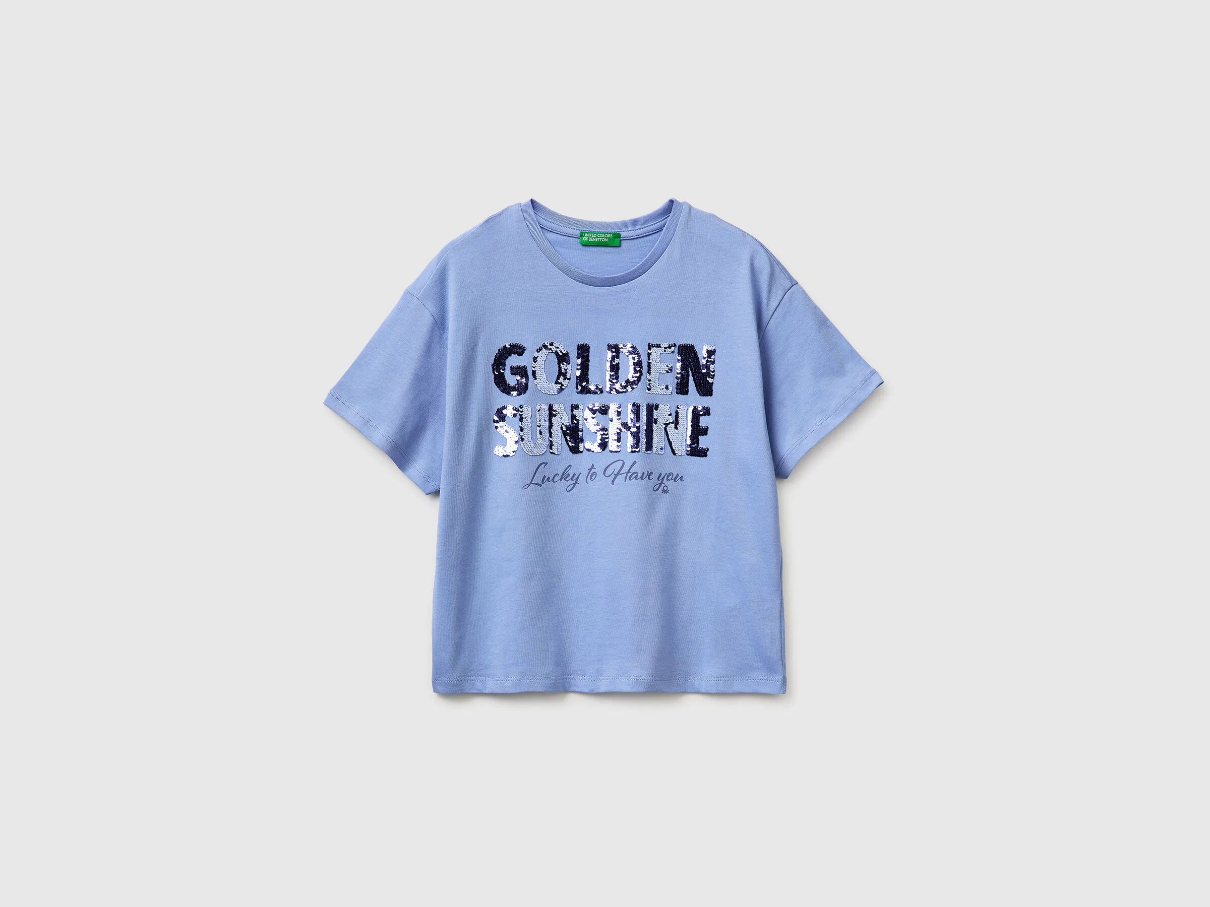 Benetton Light Blue Girls T-Shirt with Print and Sequins SKU: 3I1XC10SF_13E Image 01