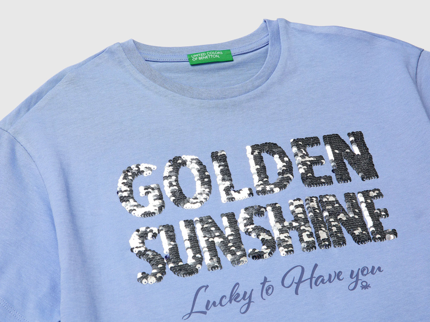 Benetton Light Blue Girls T-Shirt with Print and Sequins SKU: 3I1XC10SF_13E Image 03