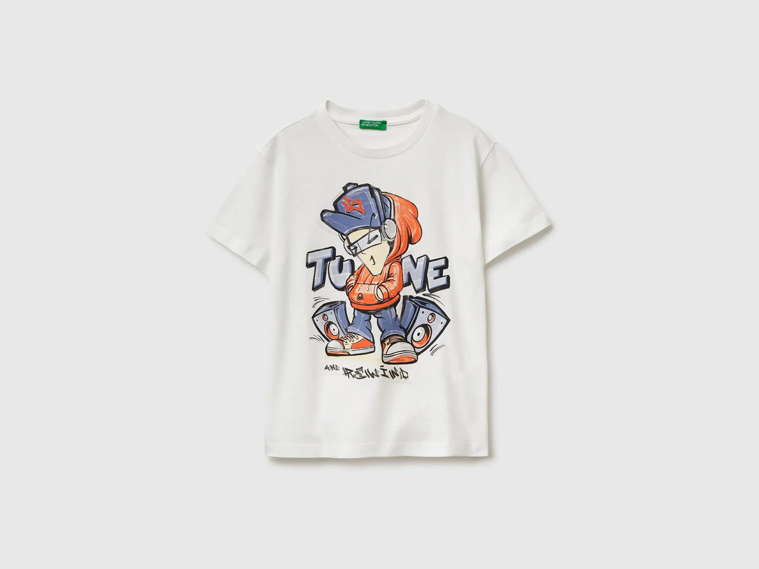 Benetton Creamy White Boys Organic Cotton Printed T-Shirt SKU: 3I1XC10SJ_074 Image 01