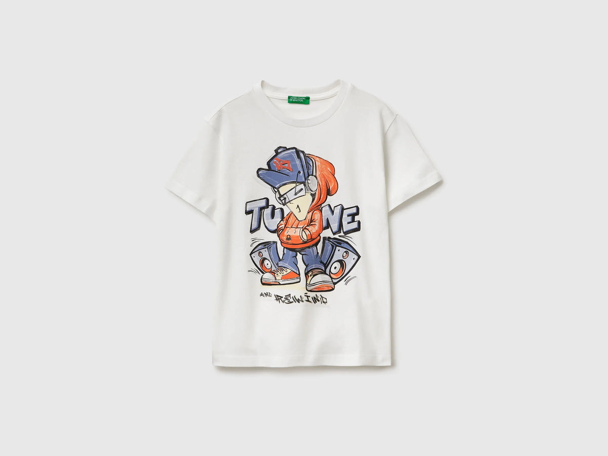 Benetton Creamy White Boys Organic Cotton Printed T-Shirt SKU: 3I1XC10SJ_074 Image 01