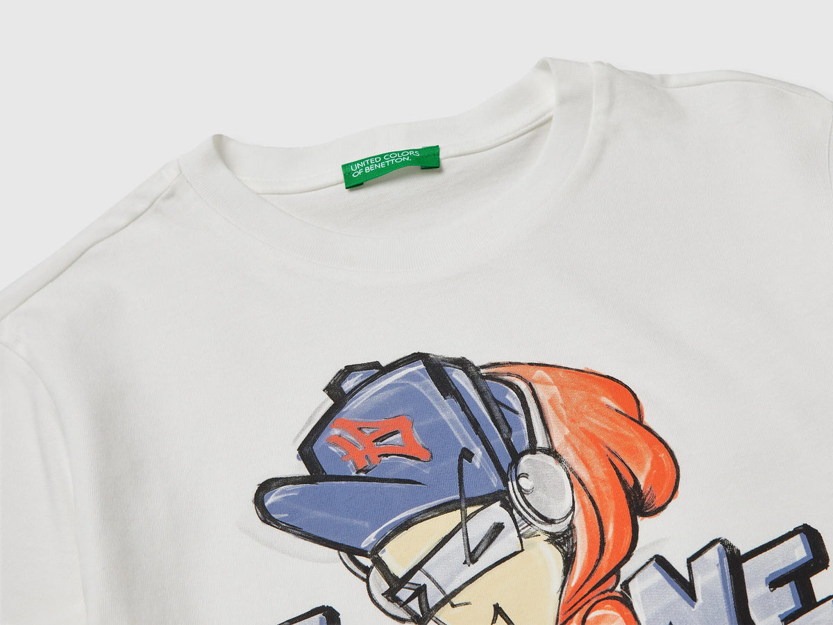 Benetton Creamy White Boys Organic Cotton Printed T-Shirt SKU: 3I1XC10SJ_074 Image 03