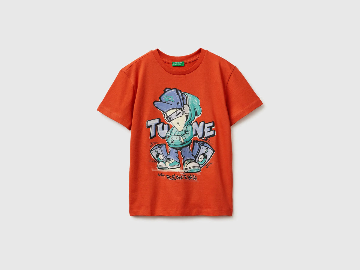 Benetton Red Boys Organic Cotton Printed T-Shirt SKU: 3I1XC10SJ_34Y Image 01