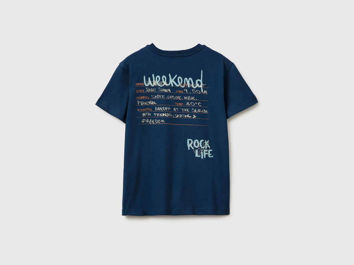 Benetton Dark Blue Boys Organic Cotton Printed T-Shirt SKU: 3I1XC10SJ_37T Image 02