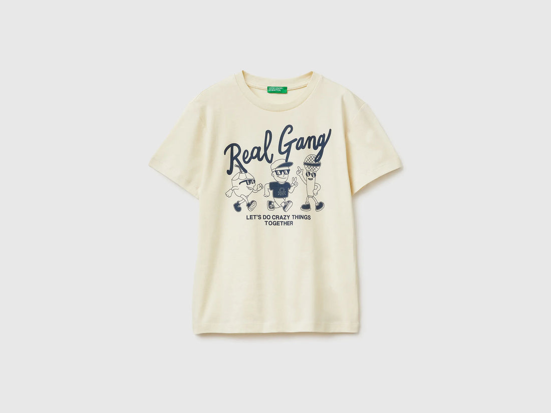 Benetton Creamy White Boys Organic Cotton Printed T-Shirt SKU: 3I1XC10SJ_3C9 Image 01
