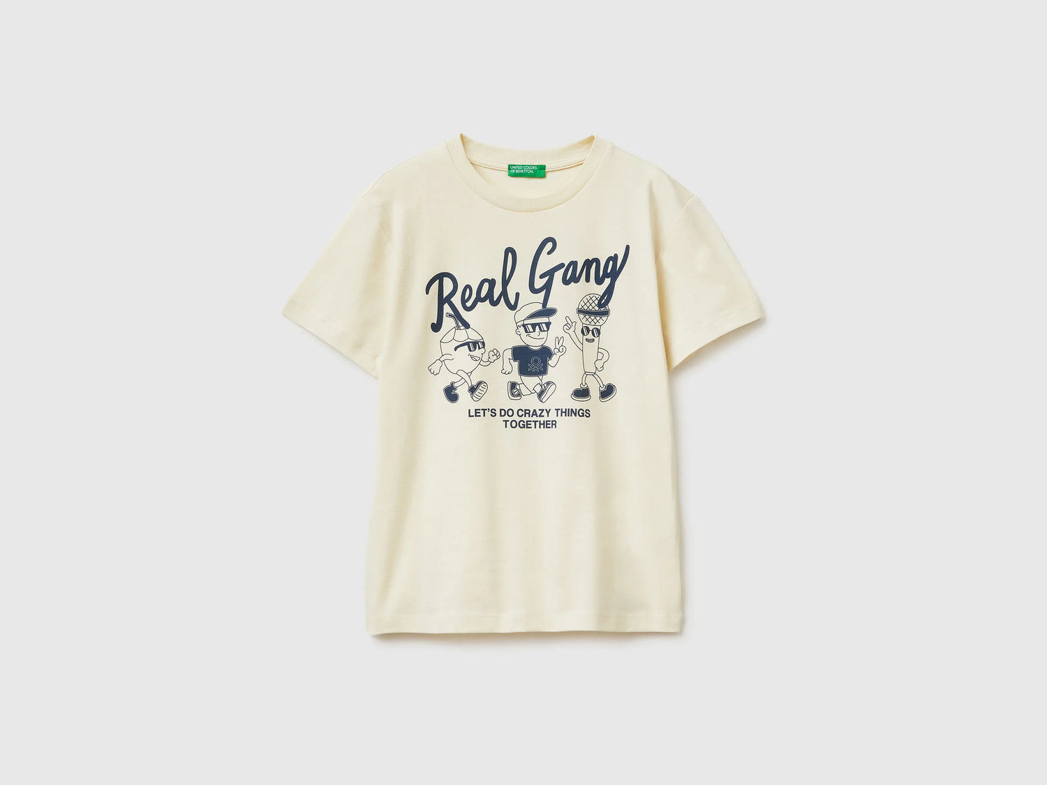 Benetton Creamy White Boys Organic Cotton Printed T-Shirt SKU: 3I1XC10SJ_3C9 Image 01