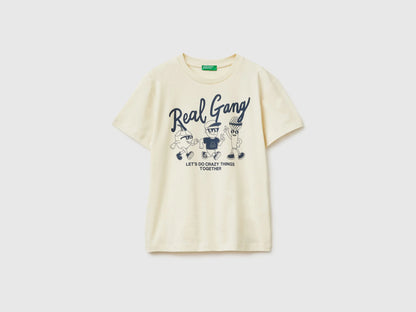 Benetton Creamy White Boys Organic Cotton Printed T-Shirt SKU: 3I1XC10SJ_3C9 Image 01