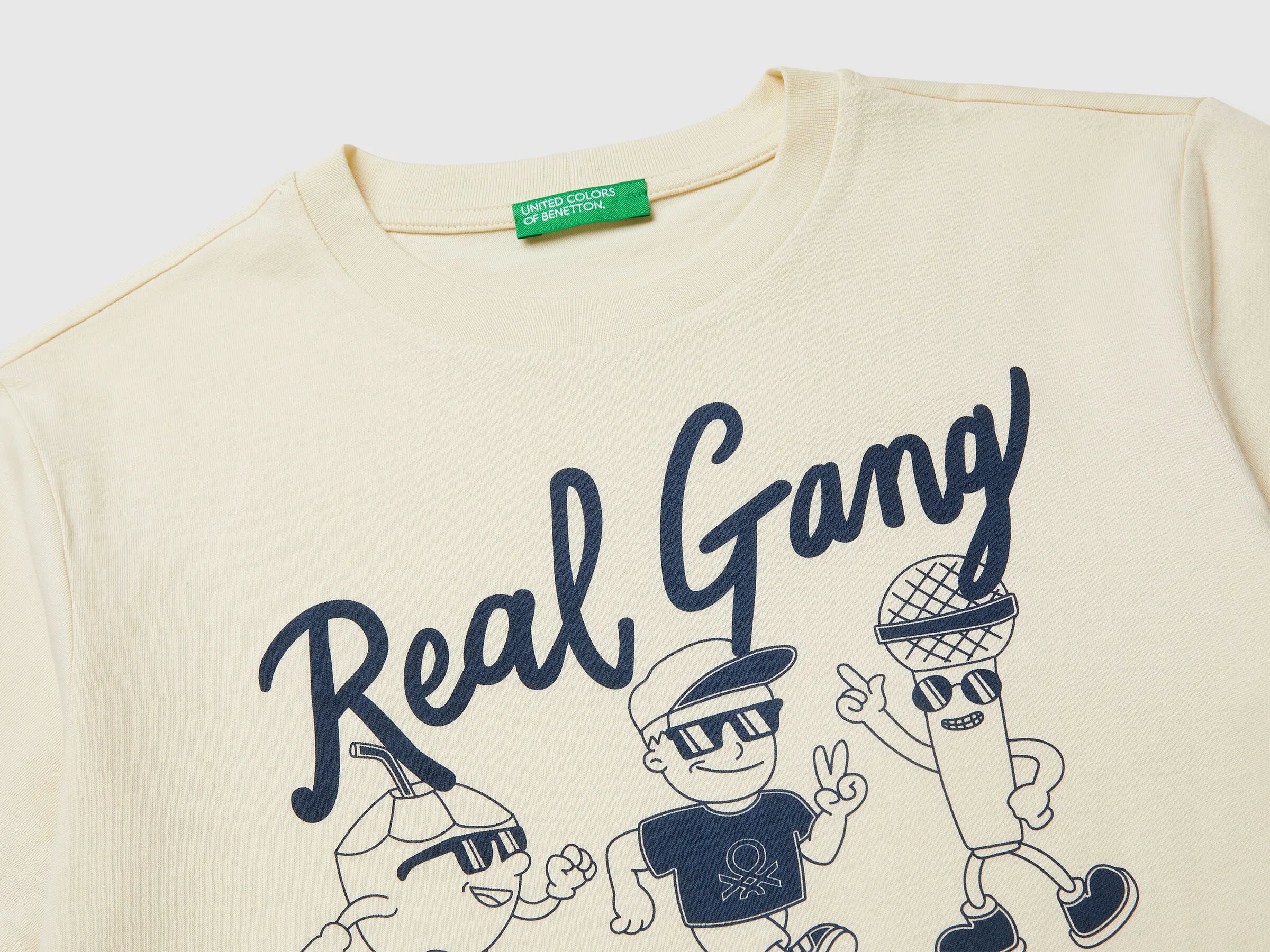 Benetton Creamy White Boys Organic Cotton Printed T-Shirt SKU: 3I1XC10SJ_3C9 Image 03