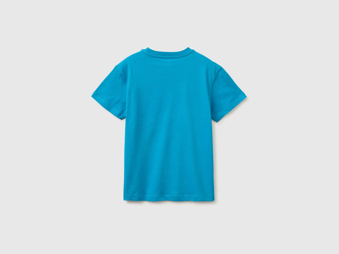 Benetton Blue Boys Organic Cotton T-Shirt with Logo Print SKU: 3I1XC10TF_051 Image 02