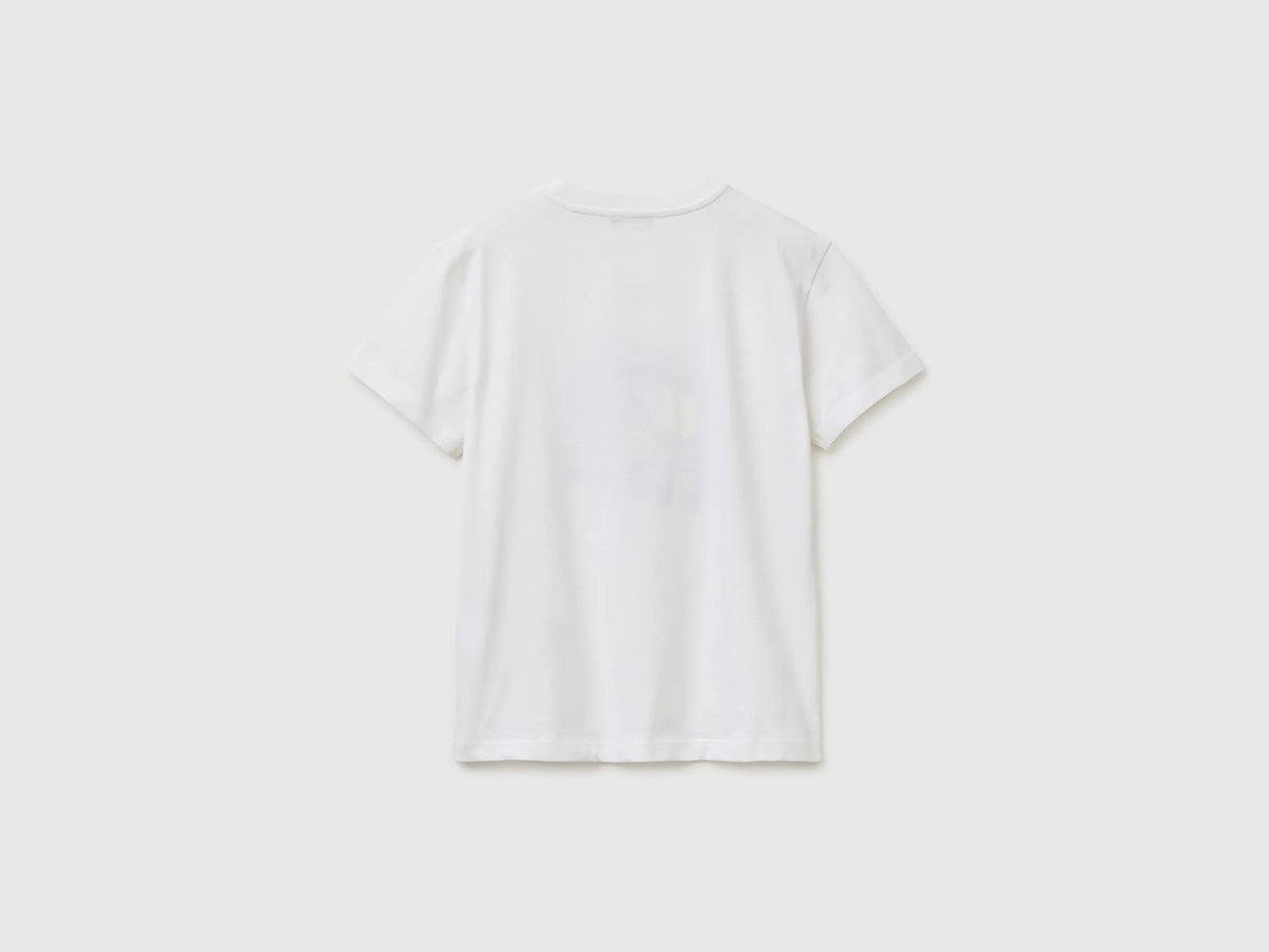 Benetton White Boys Organic Cotton T-Shirt with Logo Print SKU: 3I1XC10TF_101 Image 02