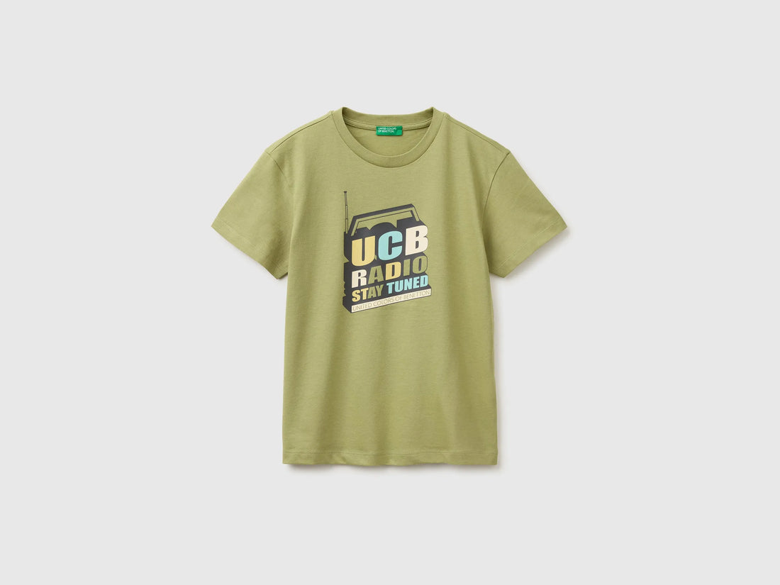 Benetton Green Boys Organic Cotton T-Shirt with Logo Print SKU: 3I1XC10TF_1Q1 Image 01