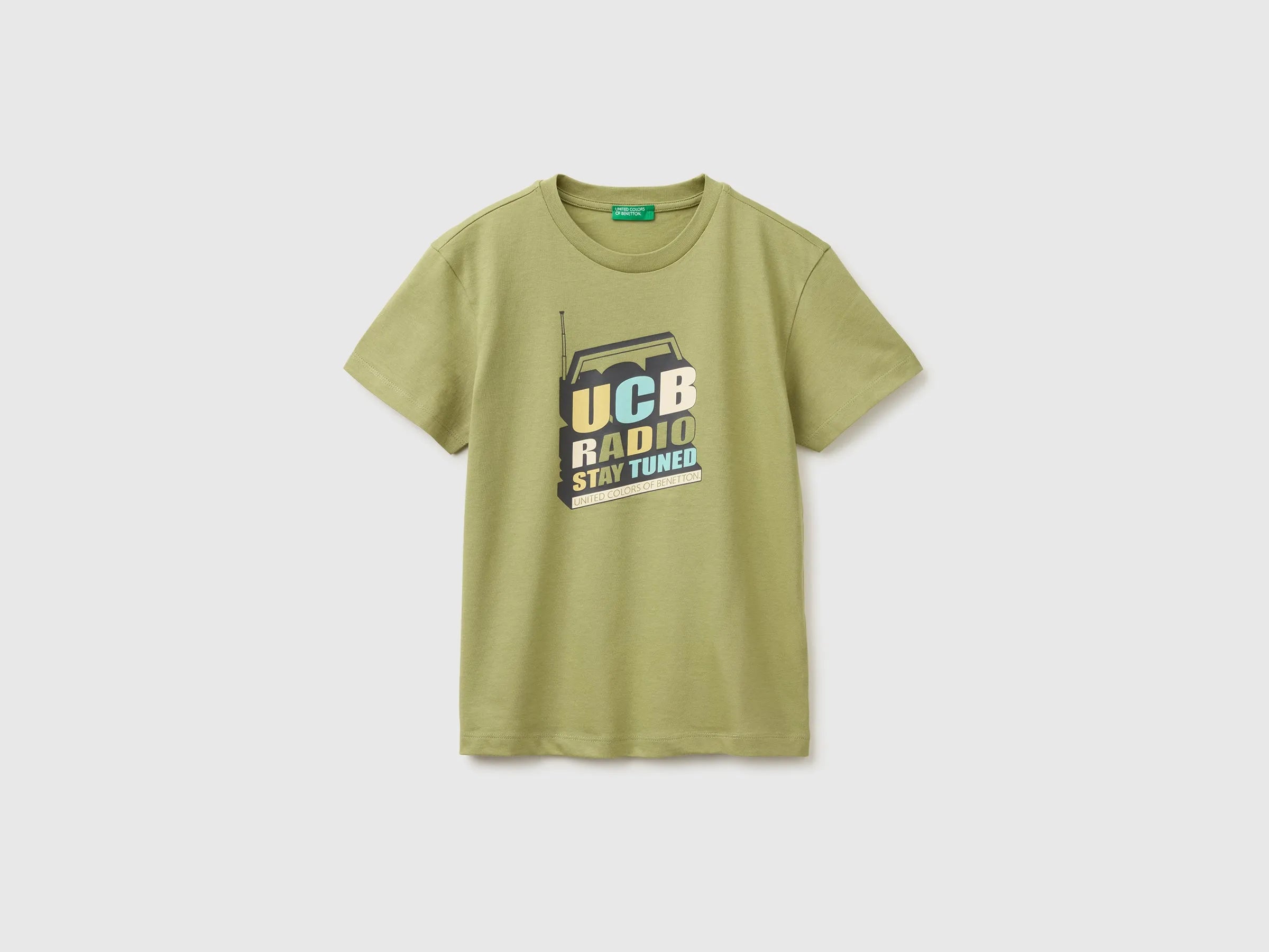 Benetton Green Boys Organic Cotton T-Shirt with Logo Print SKU: 3I1XC10TF_1Q1 Image 01