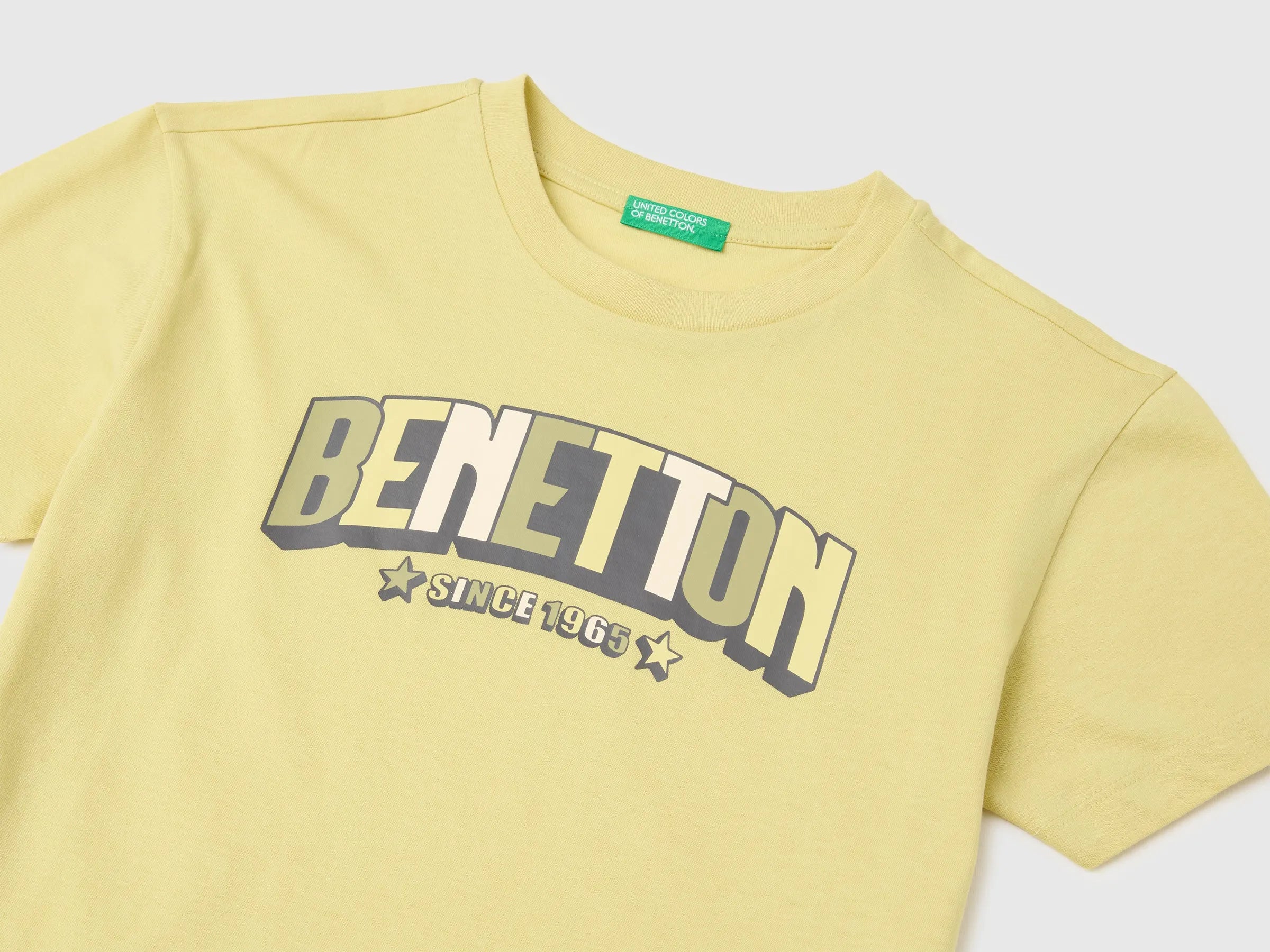 Benetton Yellow Boys Organic Cotton T-Shirt with Logo Print SKU: 3I1XC10TF_228 Image 03
