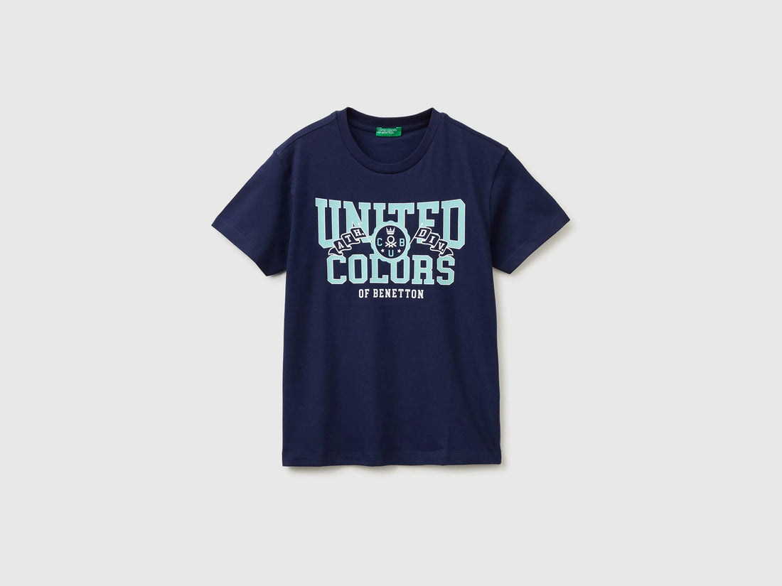 Benetton Blue Boys Organic Cotton T-Shirt with Logo Print SKU: 3I1XC10TF_252 Image 01