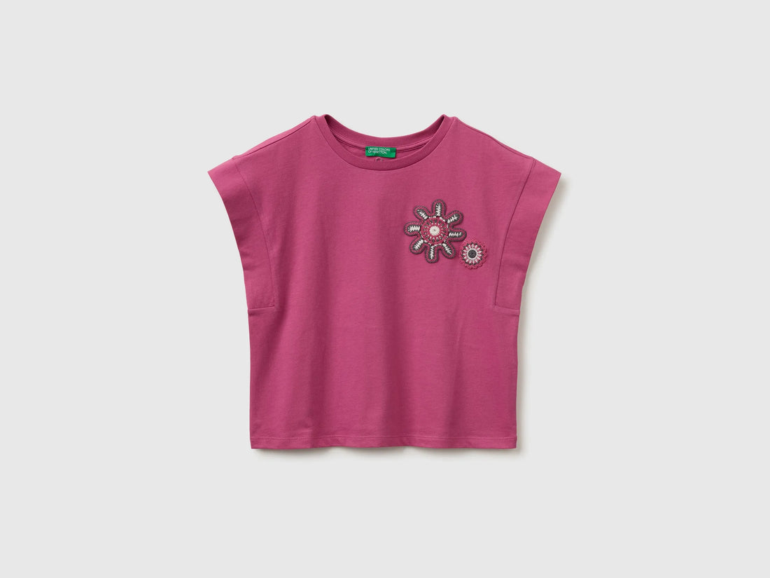 Benetton Pink Girls Sleeveless T-Shirt with Embroidery SKU: 3I1XC10TH_01T Image 01
