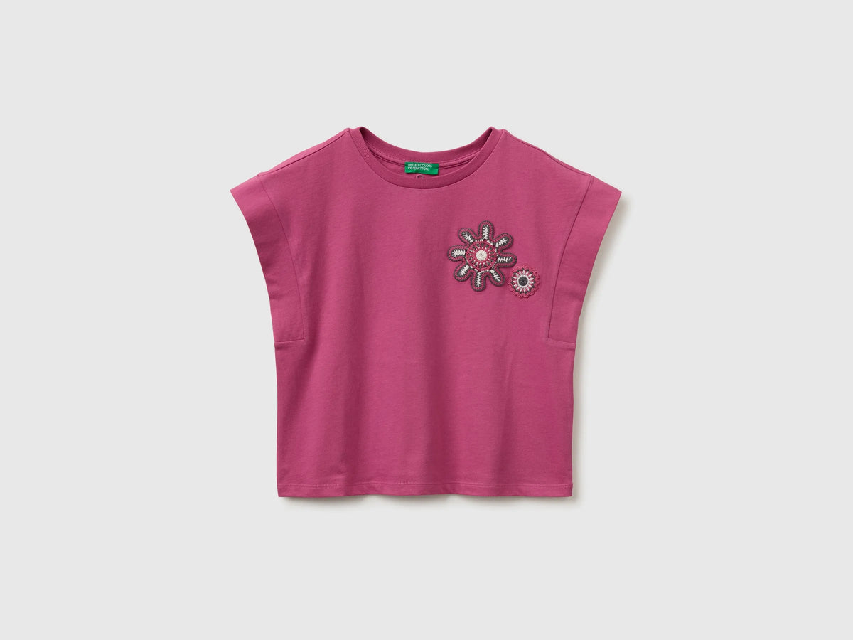 Benetton Pink Girls Sleeveless T-Shirt with Embroidery SKU: 3I1XC10TH_01T Image 01
