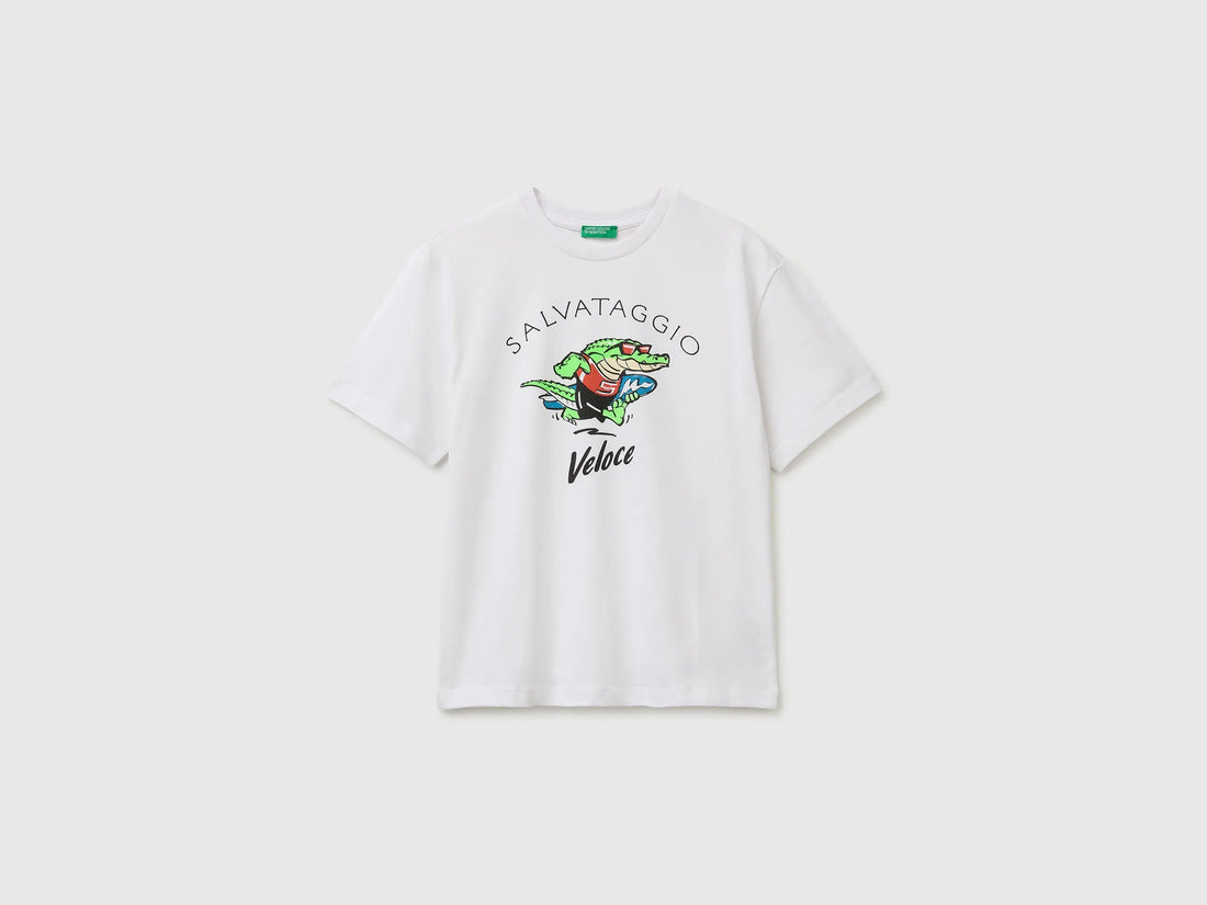 Benetton White Boys Short-Sleeved T-Shirt with Print SKU: 3I1XC10TV_101 Image 01