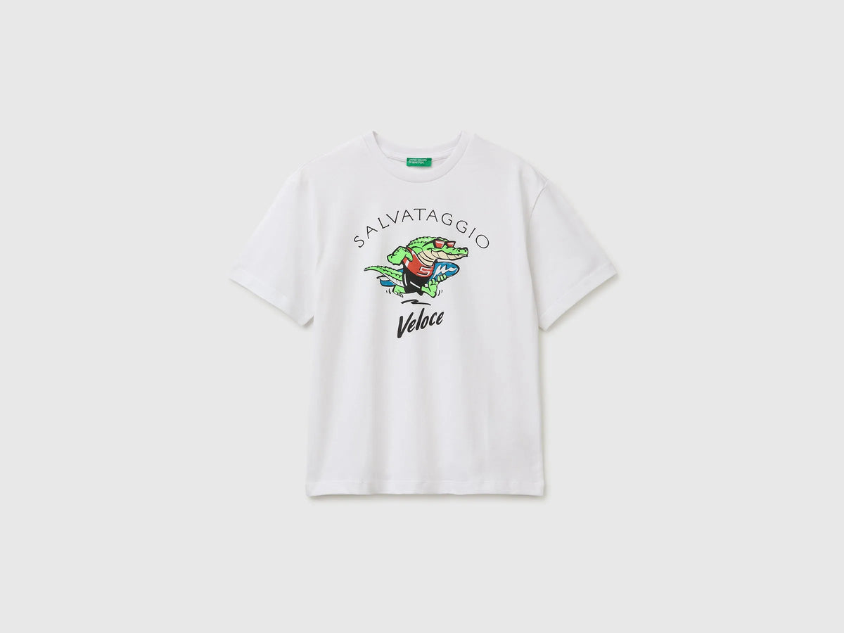 Benetton White Boys Short-Sleeved T-Shirt with Print SKU: 3I1XC10TV_101 Image 01