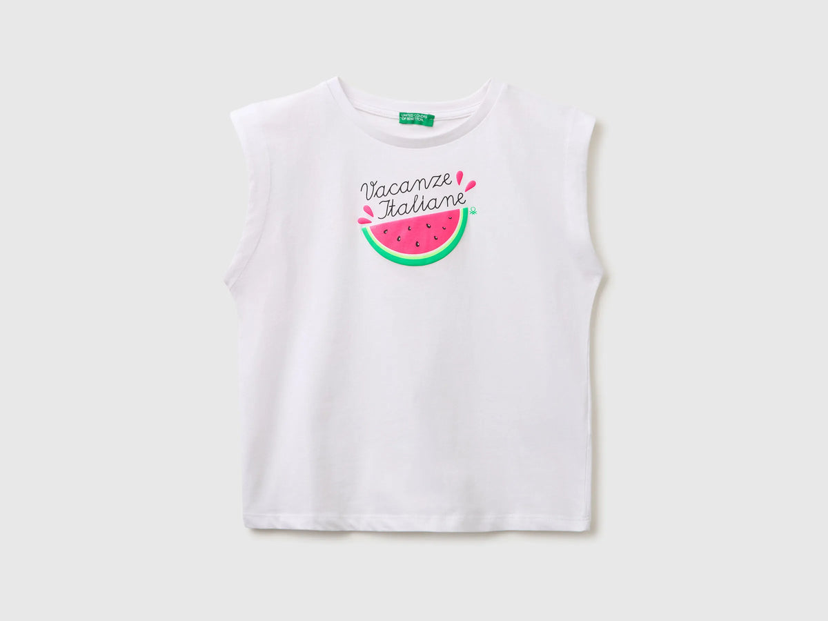 Benetton White Girls T-Shirt with a Puffy Effect SKU: 3I1XC10TX_101 Image 01