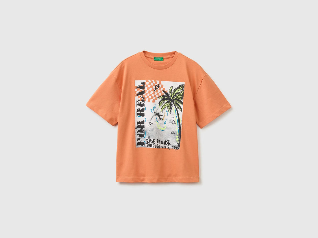 Benetton Orange Boys Oversized T-Shirt with Photographic Print SKU: 3I1XC10TY_0D1 Image 01