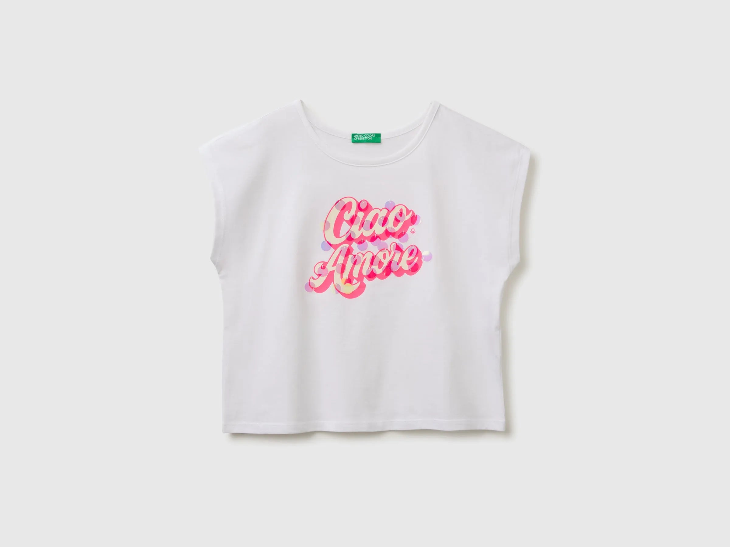 Benetton White Girls Sequin T-Shirt SKU: 3I1XC10U0_101 Image 01