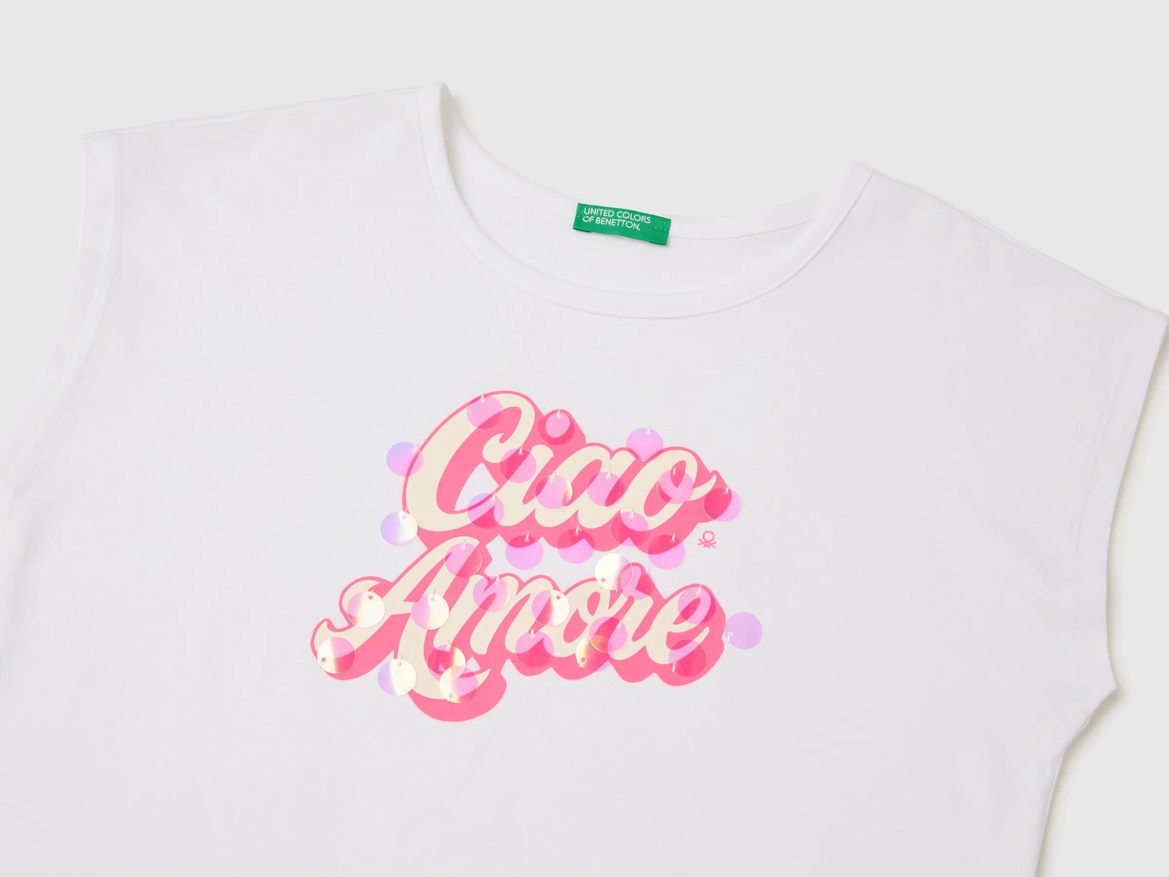 Benetton White Girls Sequin T-Shirt SKU: 3I1XC10U0_101 Image 03