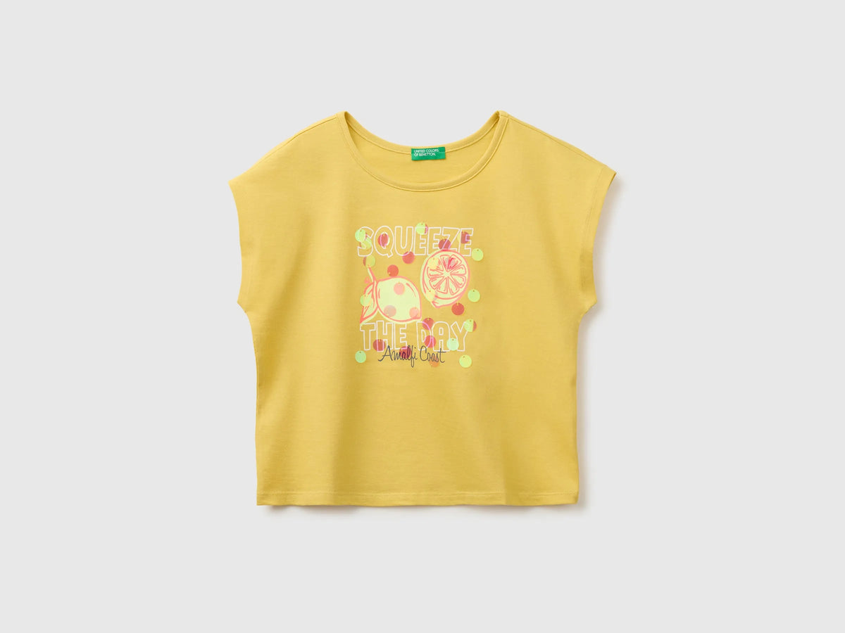 Benetton Yellow Girls Sequin T-Shirt SKU: 3I1XC10U0_22R Image 01