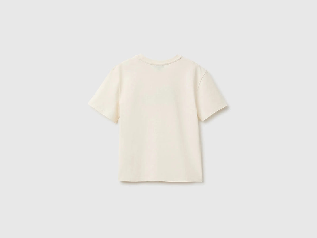 Benetton Creamy White Girls Glitter Print T-Shirt SKU: 3I1XC10U9_0R2 Image 02