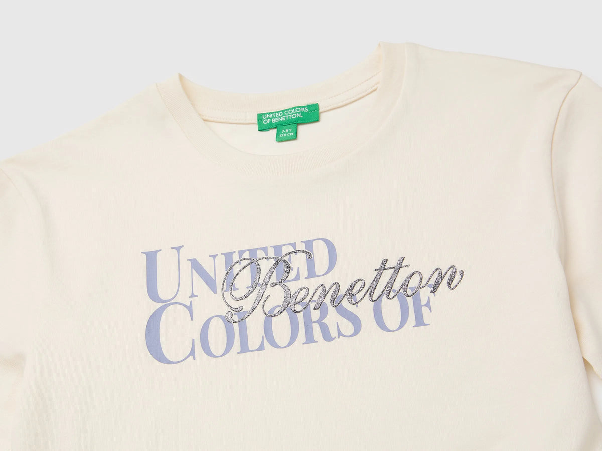 Benetton Creamy White Girls Glitter Print T-Shirt SKU: 3I1XC10U9_0R2 Image 03