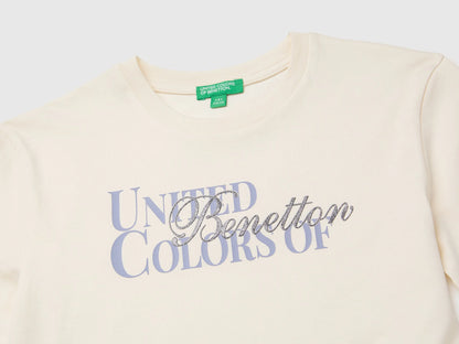 Benetton Creamy White Girls Glitter Print T-Shirt SKU: 3I1XC10U9_0R2 Image 03