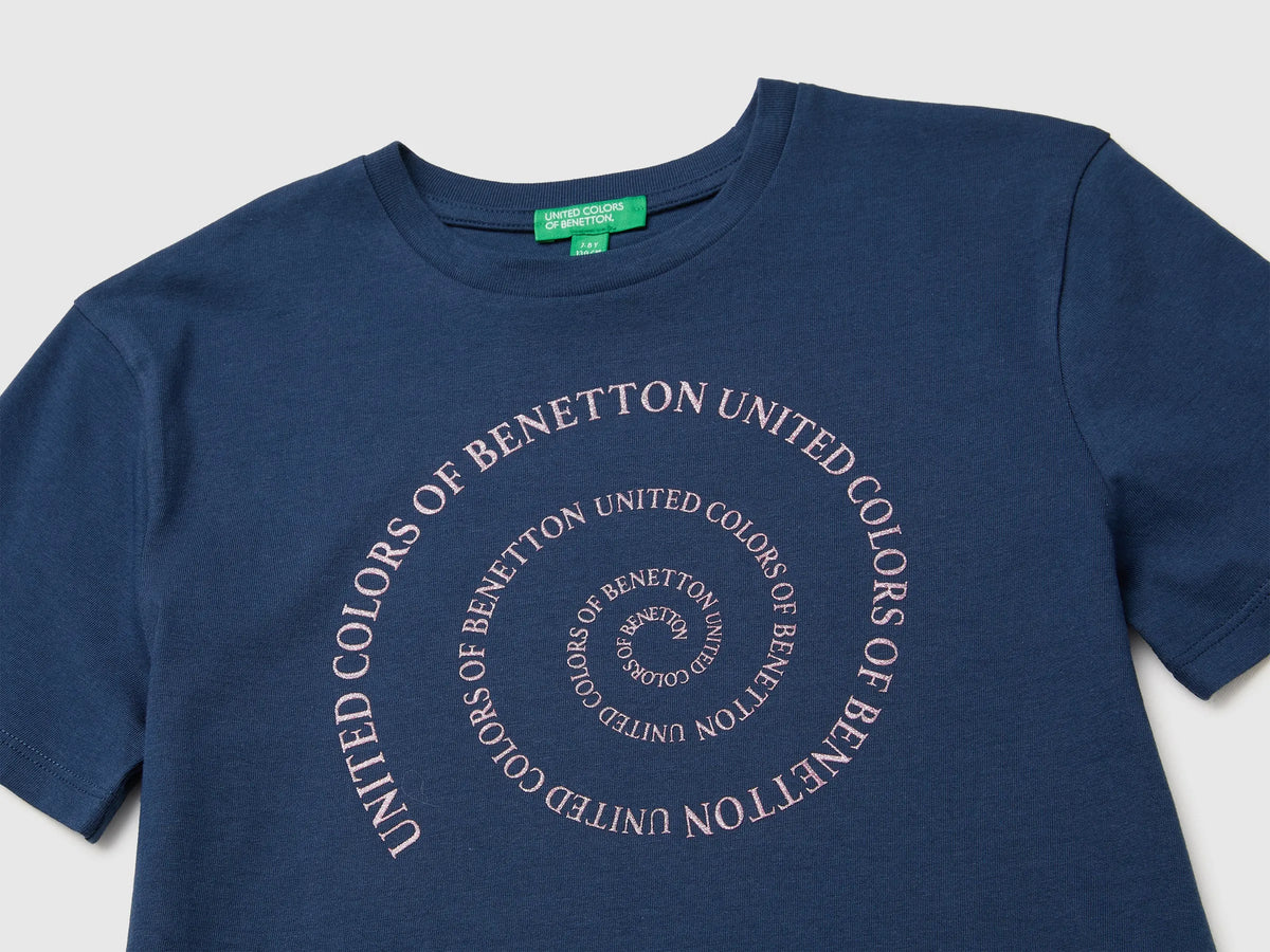 Benetton Blue Girls Glitter Print T-Shirt SKU: 3I1XC10U9_355 Image 03