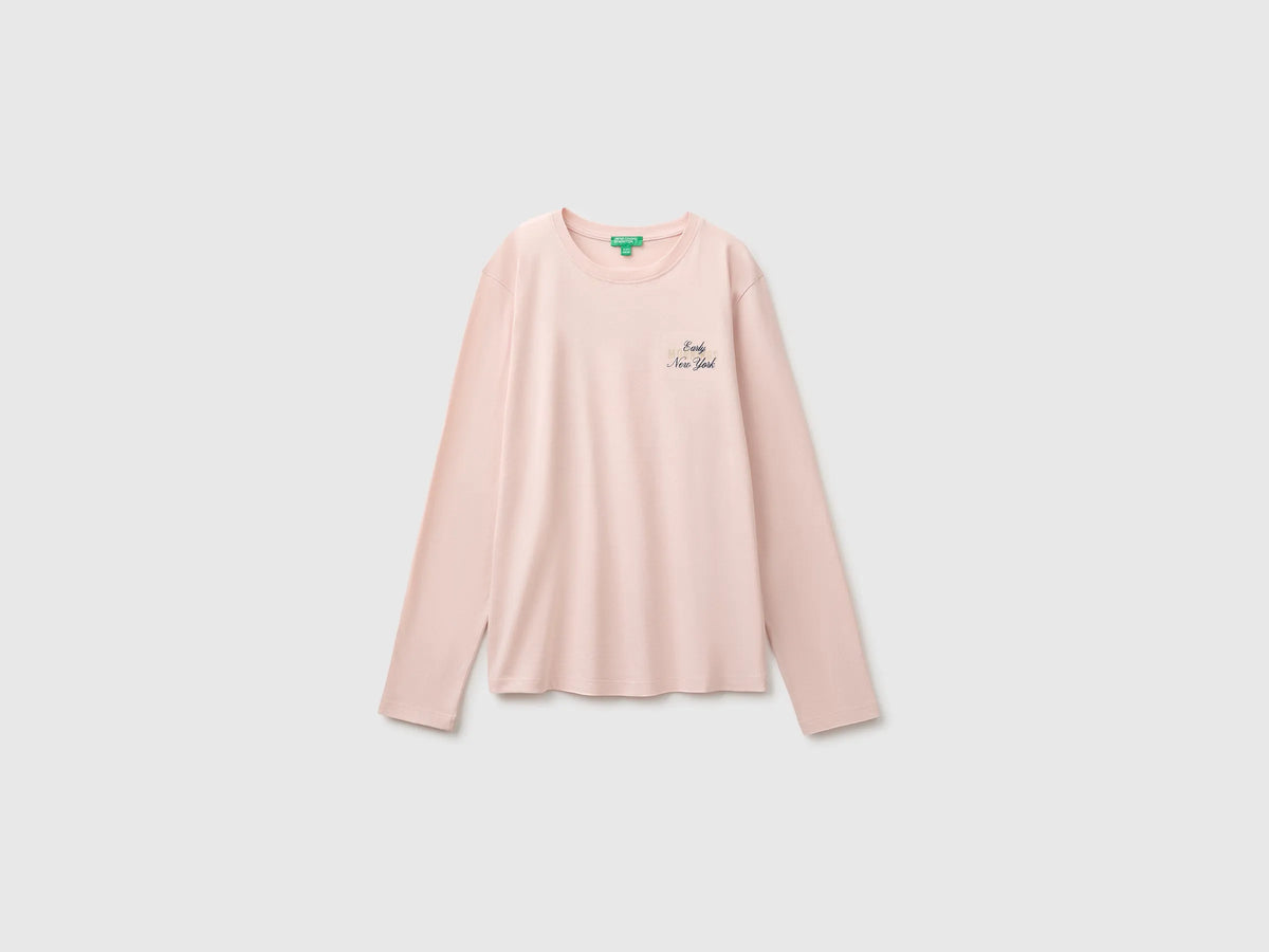 Benetton Soft Pink Girls Organic Cotton T-Shirt with Embroidery SKU: 3I1XC10UB_08Q Image 01