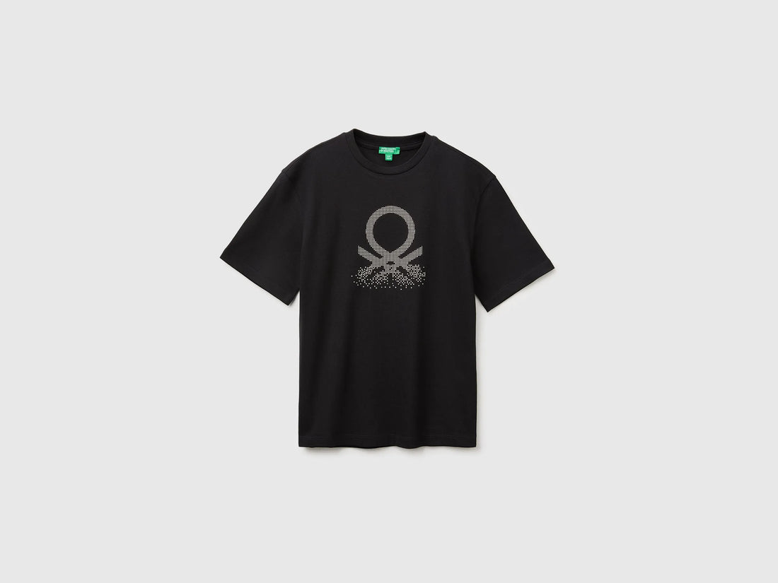 Benetton Black Boys Short-Sleeved T-Shirt with Print SKU: 3I1XC10UE_100 Image 01