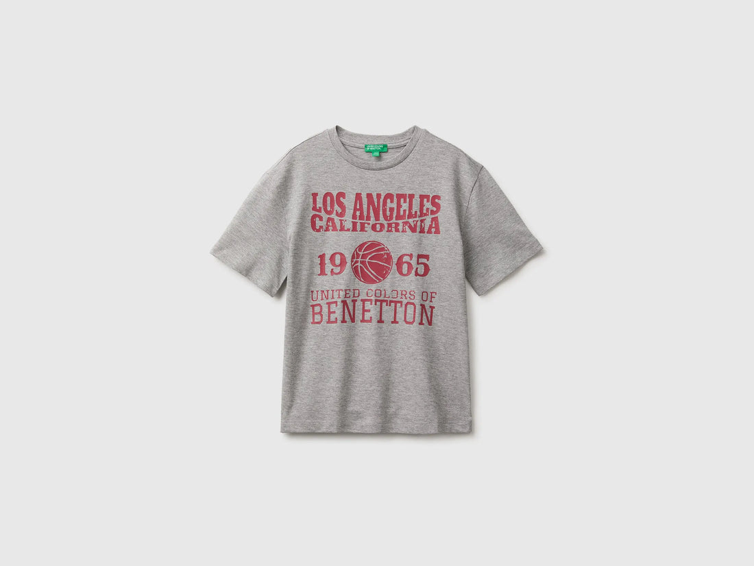 Benetton Light Gray Boys Short-Sleeved T-Shirt with Print SKU: 3I1XC10UE_501 Image 01