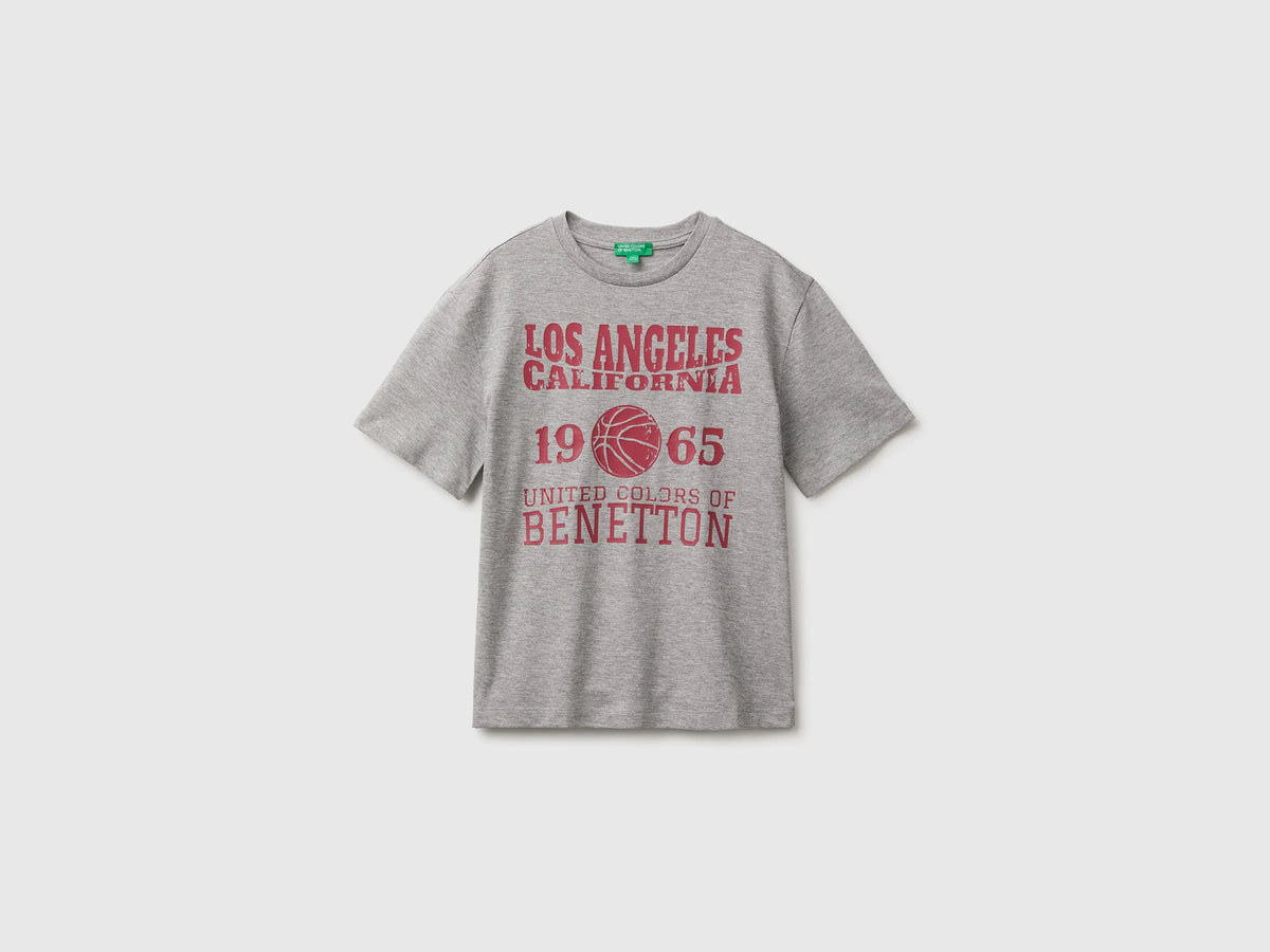 Benetton Light Gray Boys Short-Sleeved T-Shirt with Print SKU: 3I1XC10UE_501 Image 01