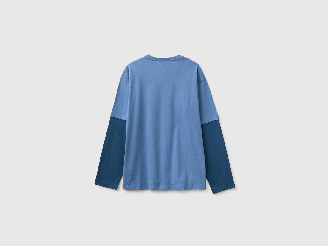 Benetton Blue Boys Over-Fit T-Shirt in Organic Cotton SKU: 3I1XC10UI_0G6 Image 02