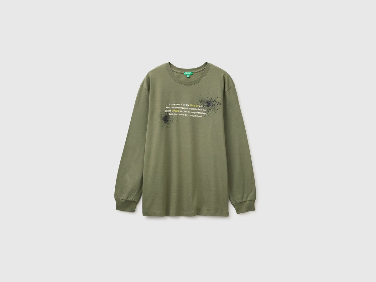 Benetton Military Green Boys 100% Organic Cotton T-Shirt with Print And Patch SKU: 3I1XC10UJ_07N Image 01